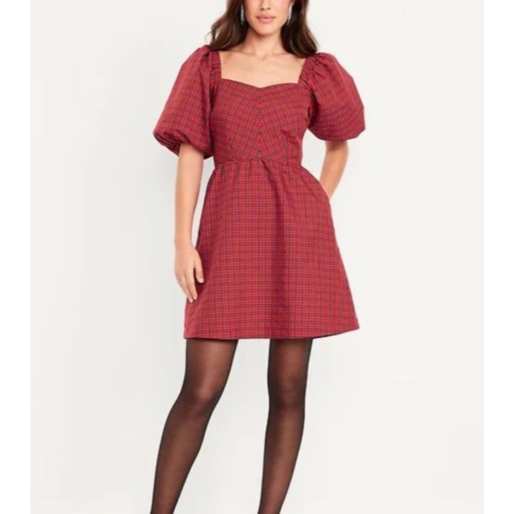 Old Navy Fit & Flare Mini Dress Plaid Puff Sleeve Taffeta Red Holiday Christmas